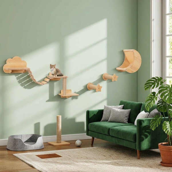 Wandpfoten™ – 6-teiliges Katzen-Kletterwand-Set mit Hängematte, Brücke, Plattformen & Kratzbaum