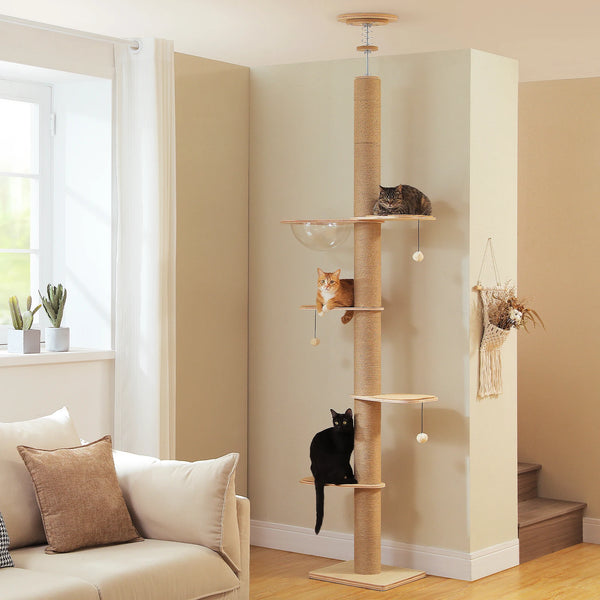 Wolkenturm™ – Deckenhoher Holz-Katzenbaum mit Acryl-Höhle & Sisal