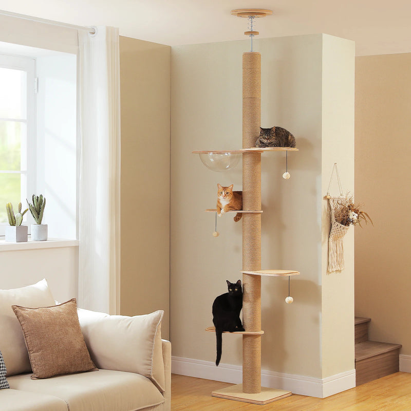Wolkenturm™ – Deckenhoher Holz-Katzenbaum mit Acryl-Höhle & Sisal