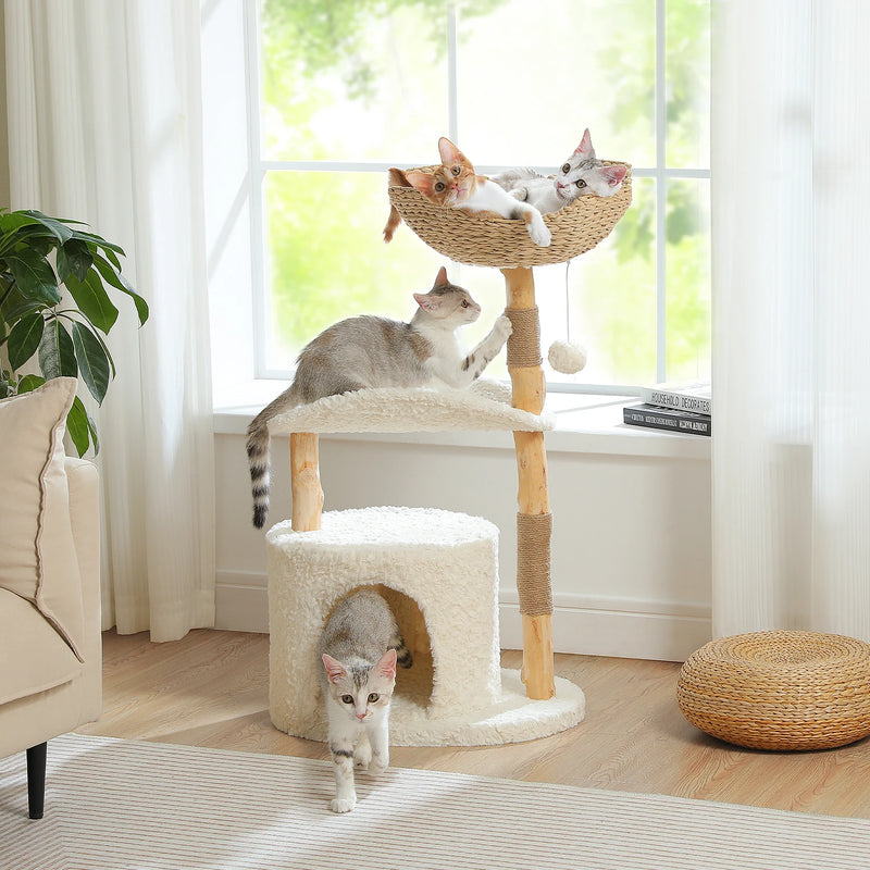 Rattan™ – Katzenbaum aus Naturholz & Rattan mit Liegekorb & Katzenhaus